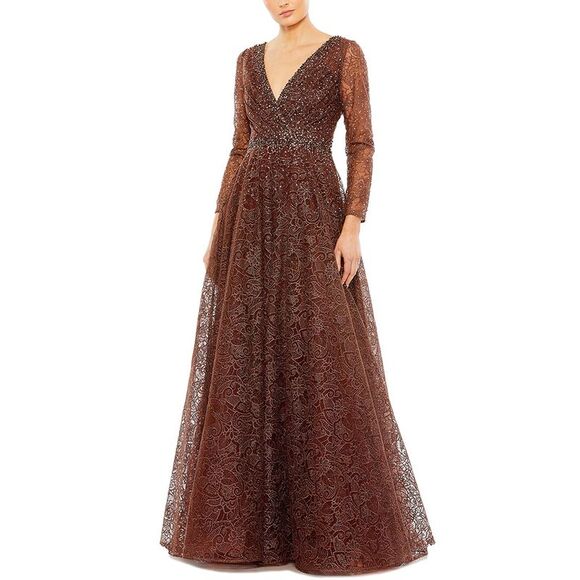 Mac Duggal WomensEmbellished Illusion A-Line Gown Brown